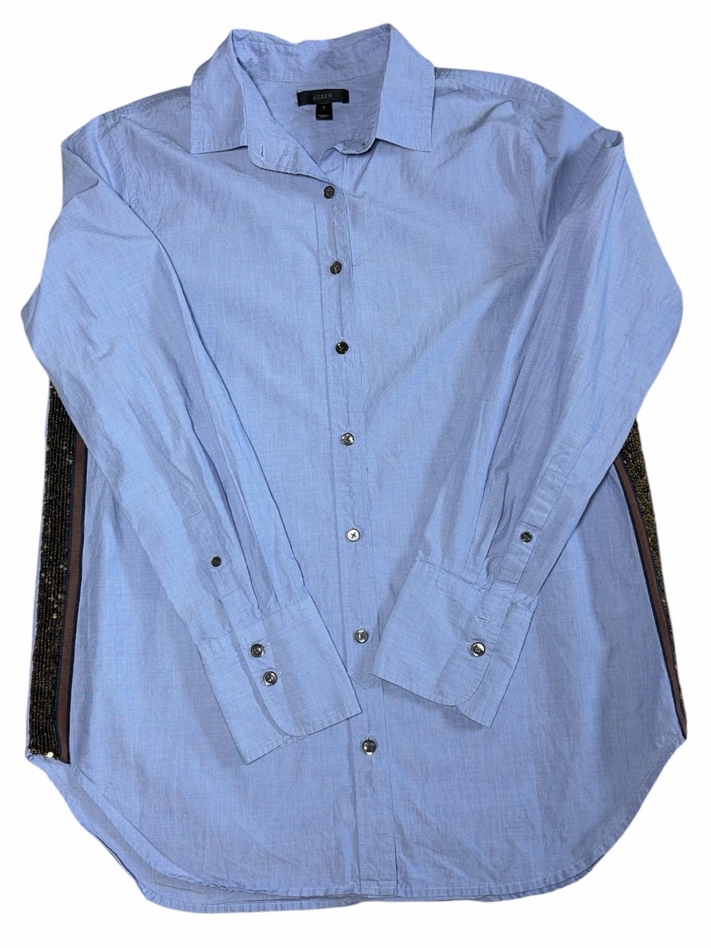 J.Crew Women’s Blue Cotton Button Down Gold Sequin Side Stripe Shirt Size 8